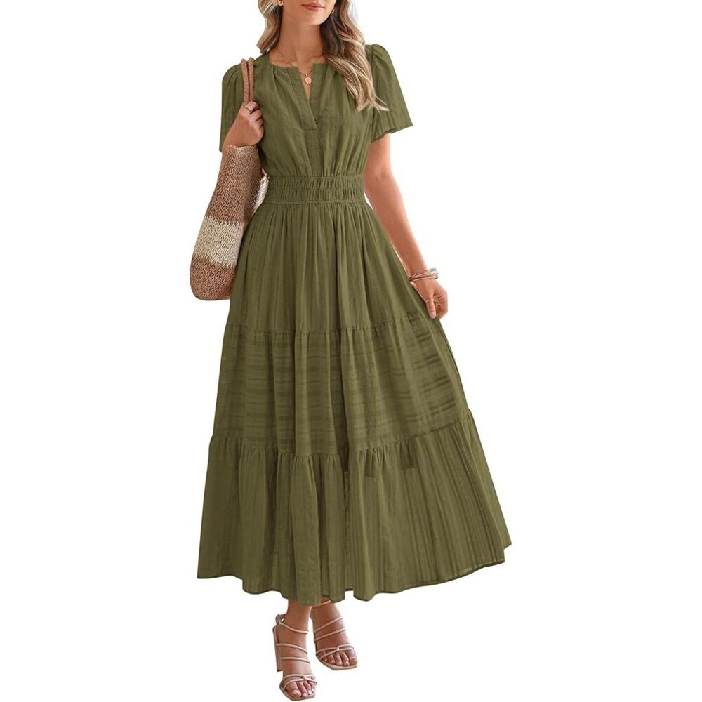 Women's Army Green V Neck Short Sleeve A Line Summer Casual Maxi Dress Pockets
